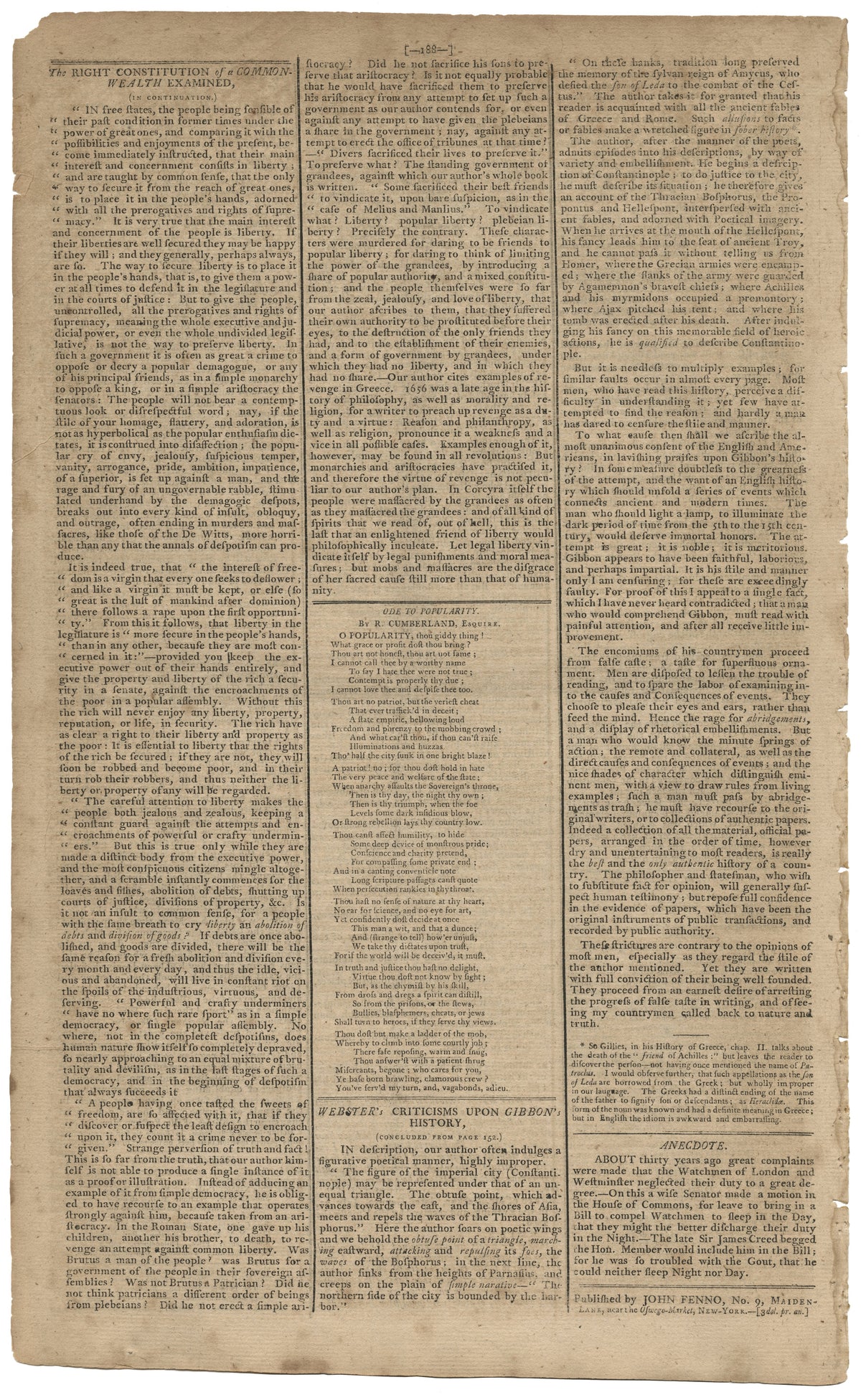 The Bill of Rights – Penultimate Printing, Two Days Before the Final Text (Gazette of the United States, September 23, 1789), Framed