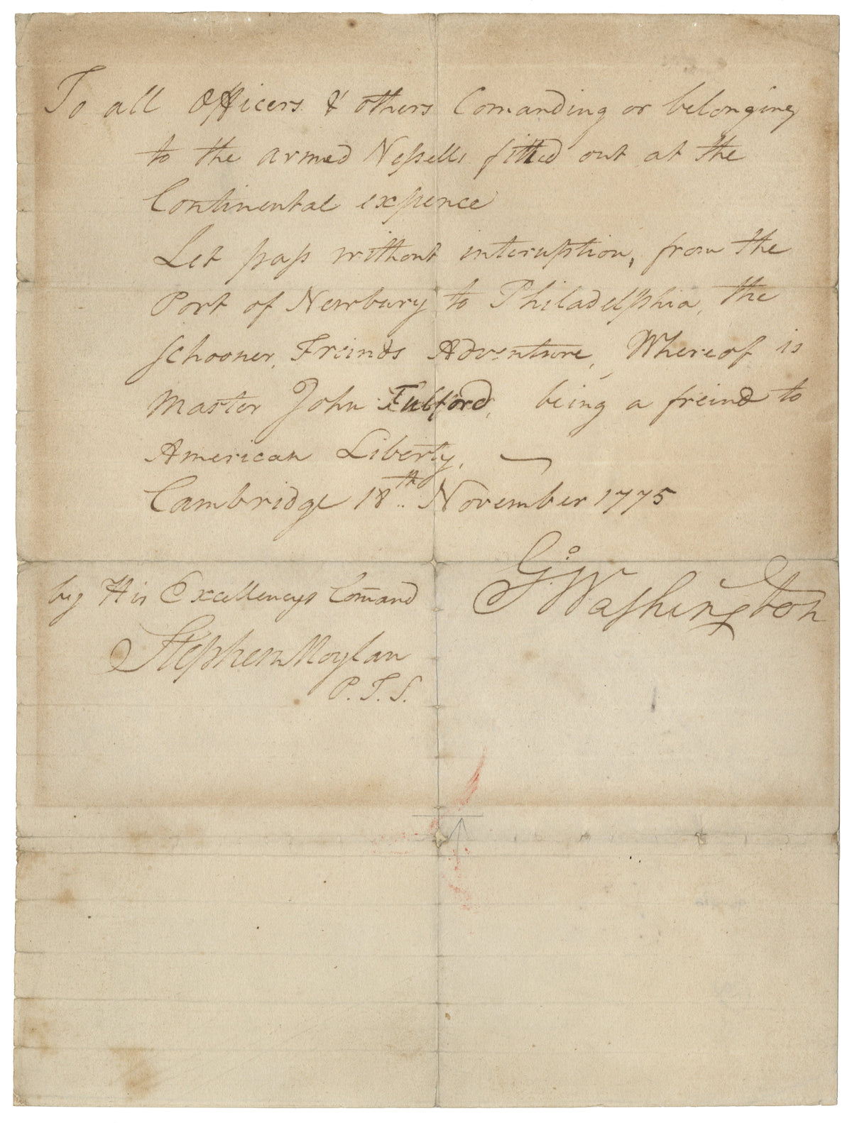 George Washington Signed Passport for the Schooner "Friends Adventure" – 1775 Continental Navy Reference