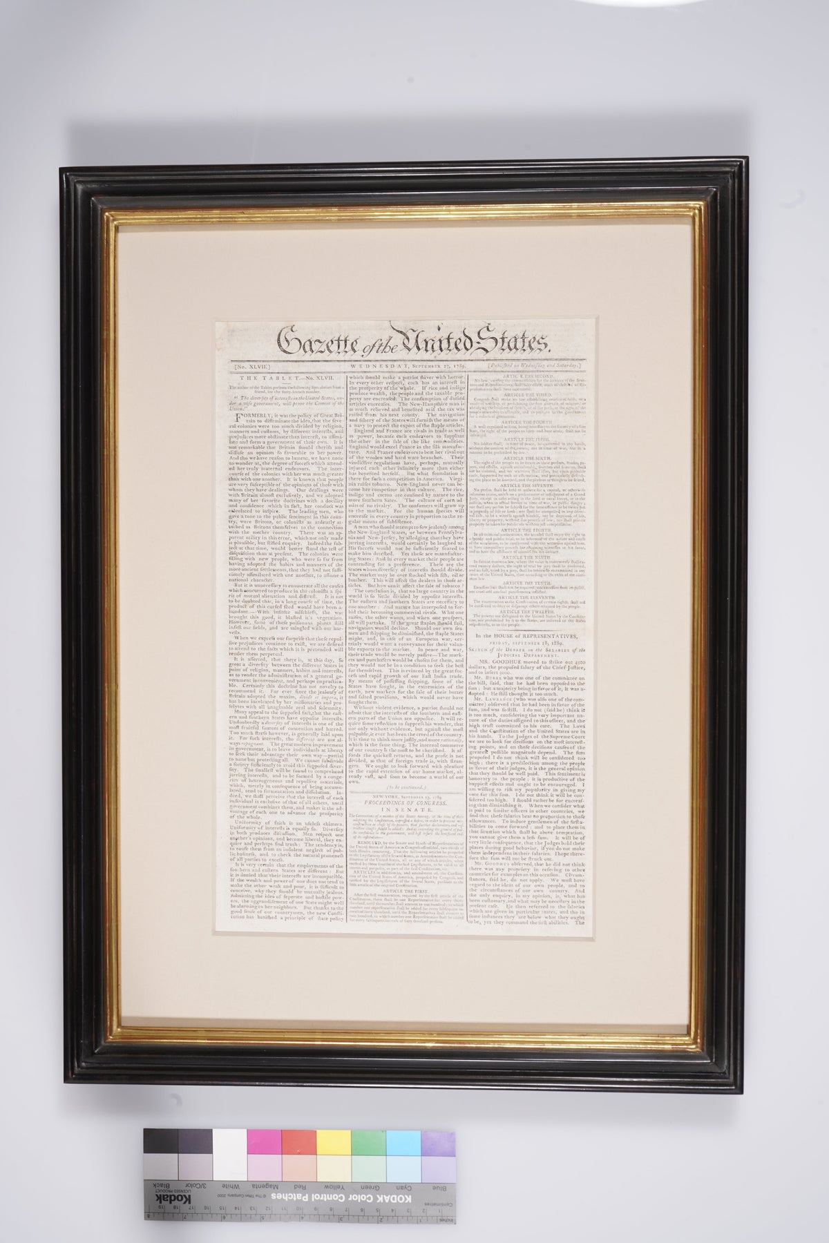 The Bill of Rights – Penultimate Printing, Two Days Before the Final Text (Gazette of the United States, September 23, 1789), Framed