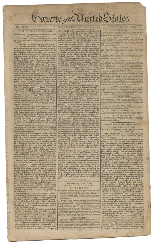 The Bill of Rights – Penultimate Printing, Two Days Before the Final Text (Gazette of the United States, September 23, 1789), Framed