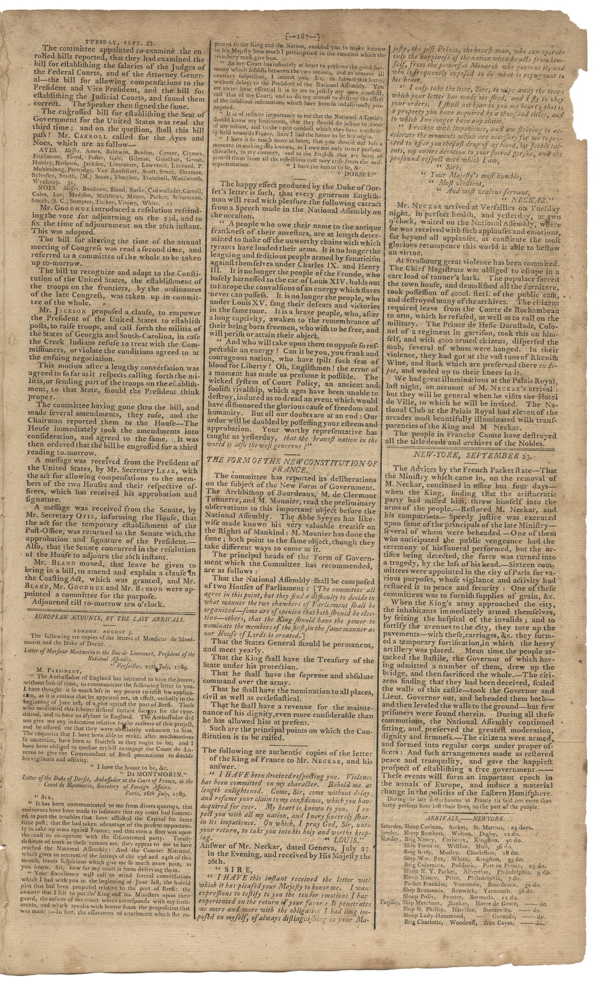 The Bill of Rights – Penultimate Printing, Two Days Before the Final Text (Gazette of the United States, September 23, 1789), Framed
