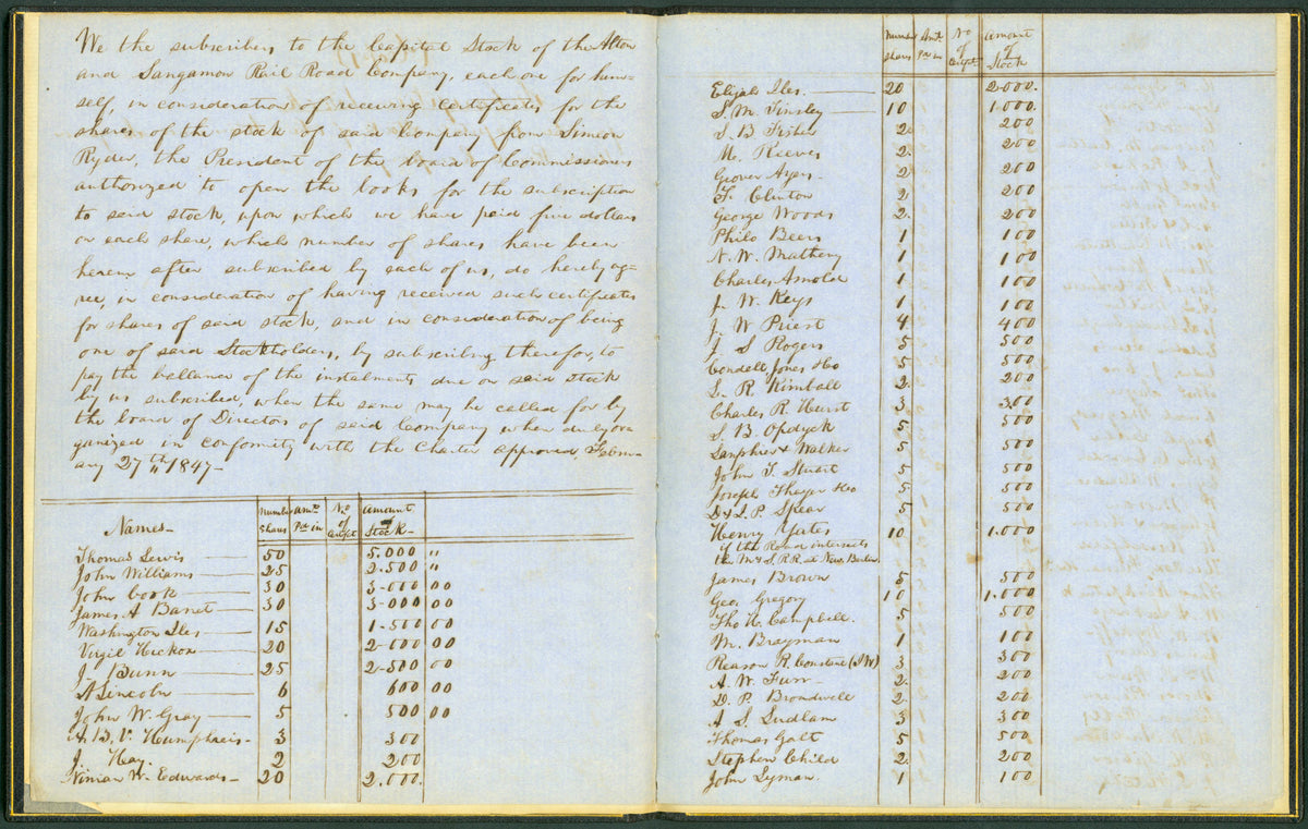 Abraham Lincoln Autograph Manuscript – His Transcript of the Alton & Sangamon Railroad Stock Subscription Book (1851)