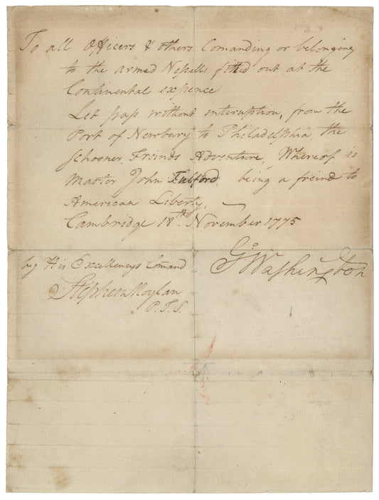 George Washington Signed Passport for the Schooner "Friends Adventure" – 1775 Continental Navy Reference